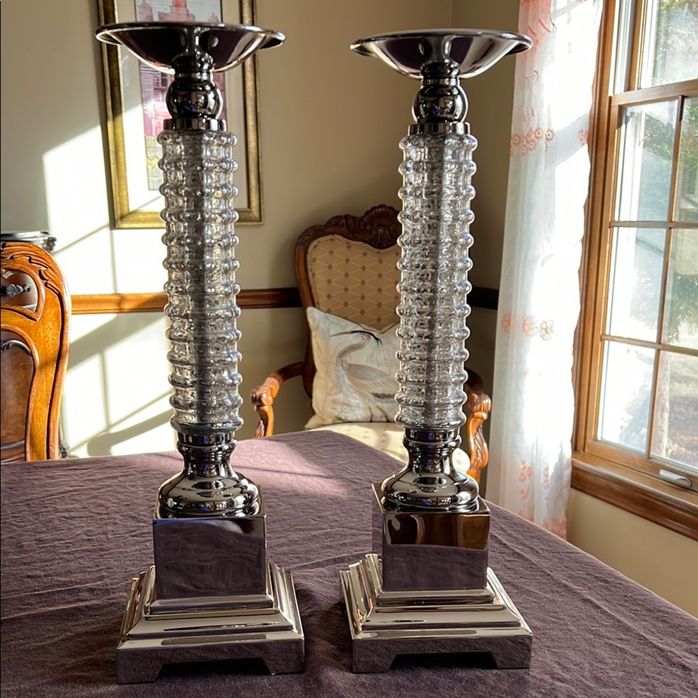 Uttermost Elegant Tall Silver Mercury Glass Candle Holders (set of 2).